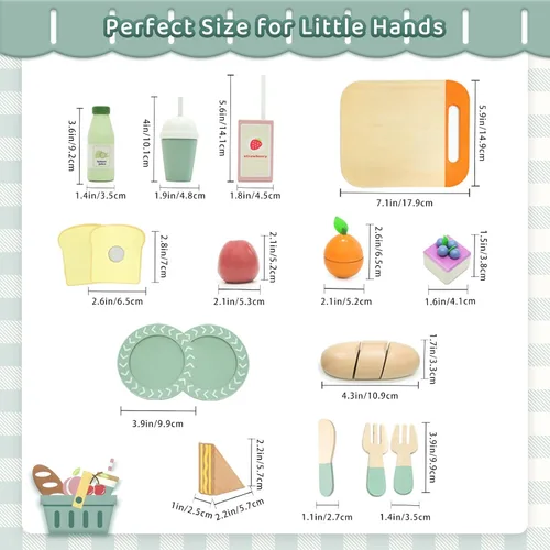 Vista 4 de Juego de picnic – Comida de madera para jugar – Juegos de comida para niños – Comida de simulación, comida de juguete con bolsa de almacenamiento