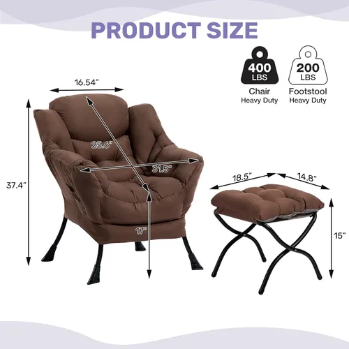Vista 3 de HollyHOME Silla perezosa con otomana plegable, sillón cómodo y reposapiés plegable, sofá de ocio silla de lectura y reposapiés para sala de estar