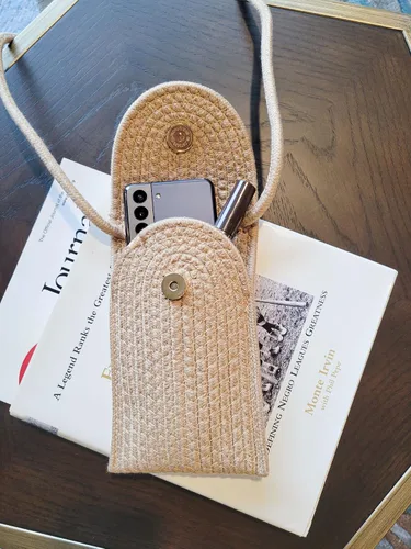 Vista 3 de Bolsa de tela tejida de ratán a mano para teléfono celular, bolsillo para tarjetas)