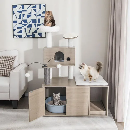 Vista 2 de Tangkula Árbol para gatos con caja de arena, torre para gatos con caja de arena, condominio para gatos, tabla de rascar, perca de felpa suave, bolas