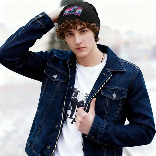 Vista 4 de Synthwave Sabertooth Patterned Black Fleece-Lined Warm Men's and Women's Hood, Winter Outdoor Sports Ski Cap