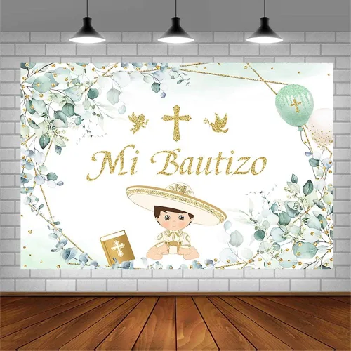 Vista 3 de AIBIIN Telón de fondo Mi Bautizo de 7 x 5 pies para niño, verde, eucalipto, ángel, fotografía, fondo, primera comunión, bautizo, suministros