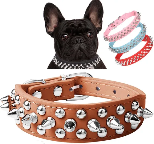 Vista 5 de Serijoars Collar para perro con tachuelas, de piel sintética suave con clavos de hongos, ajustable, para cachorros (XS, Negro)
