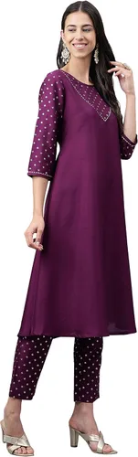 Vista 6 de Janasya Kurta sólido de seda crepé púrpura para mujer con pantalón
