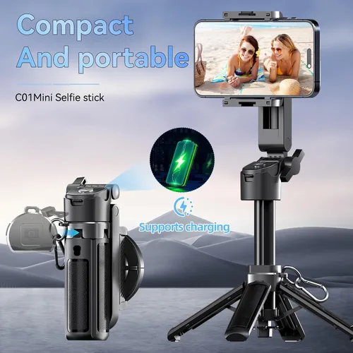 Vista 5 de Mini trípode magnético para selfie stick con control remoto inalámbrico, soporte de trípode portátil de 16.9 pulgadas para iPhone MagSafe Samsung