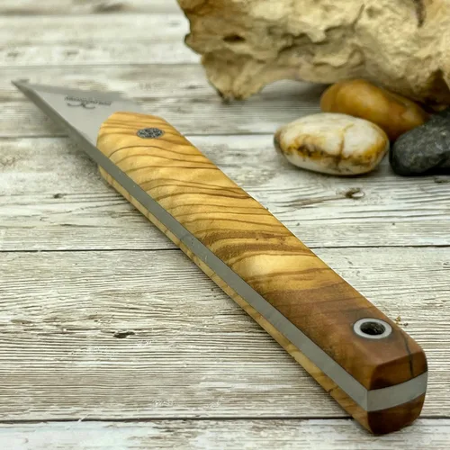 Vista 5 de Cuchillo Kiridashi, cuchillo japonés para tallar madera N690 de 1/8 de pulgada, hoja de acero N690, mango de madera de nogal o olivo con funda