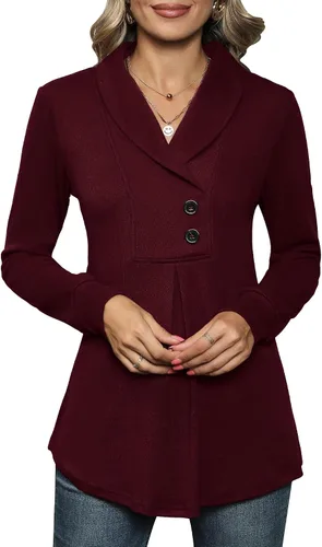 Vista 2 de AKEWEI Sudadera de manga larga con cuello de chal y botones para mujer, sudadera casual con vuelo