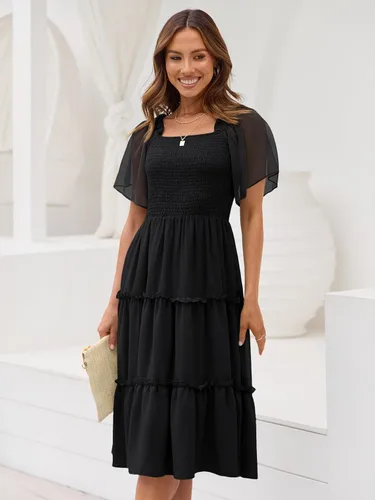 Vista 2 de LILLUSORY Vestido midi fruncido con cuello cuadrado y mangas con vuelo Negro