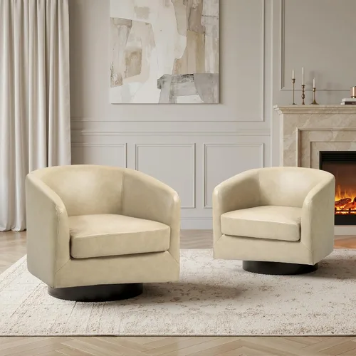 Vista 20 de Silla Giratoria de Acento de Cuero Sintético con Base de Madera, Sillas de Barril Tapizadas Modernas para Sala de Estar, Cómodo Sillón Redondo Sofá