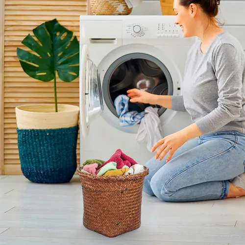 Vista 2 de FOMIYES Papelera tejida con pajilla, de mimbre, para el hogar, oficina, dormitorio, 9.4 pulgadas