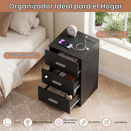 Vista 6 de KOMFOTT Mesita de noche con estación de carga, mesita de noche de madera Negro