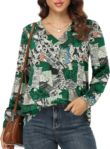 Vista 3 de Jouica Blusas para mujer, blusa casual de gasa, holgada, con cuello en V, manga larga