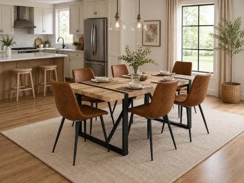 Vista 8 de Juego de mesa de comedor para 6, mesa de madera de 180 cm y juego de 6 sillas, adecuado para comedor, cocina, sala de estar
