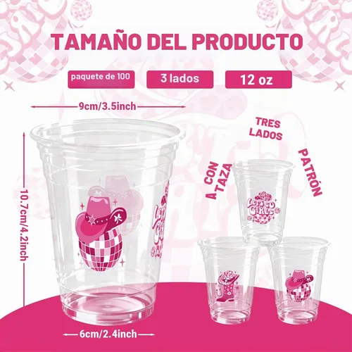 Vista 2 de 100 Piezas Vasos de Plástico Rosa Fiesta Vaquera Occidental 12 OZ Vasos Desechables Disco, Diseños de Sombrero Vaquero, Bota y Bola Disco