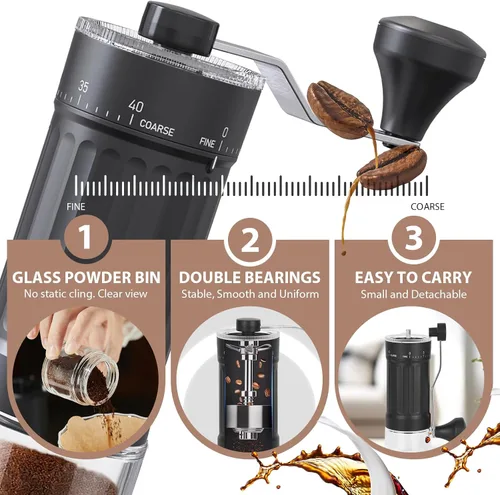 Vista 5 de Molinillo de café manual, 40 ajustes externos ajustables, molinillo de grano de café de cerámica cónica portátil, molinillo de café de manivela