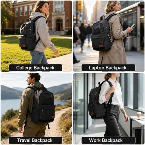 Vista 7 de Mochila de lona para laptop, mochila escolar impermeable con carga USB, 17.32in X 12.6in X 6.0in, Mochilas Daypack