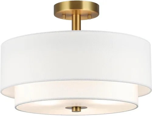 Vista 8 de XiNBEi Lighting Lámpara de Techo Semiempotrada de 16 pulgadas, Luminaria de Doble Tambor de Latón de 3 Luces con Pantalla de Lino para Techo