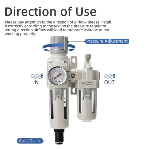 Vista 5 de Regulador de presión de aire con medidor de presión (0-150PSI), separador de agua para compresor de aire, drenaje automático, interfaz roscada 1/2