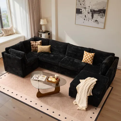 Vista 24 de Ovios - Sofá modular con diván en forma de U y otomanas, cómodo y mullido, tapizado en pana estilo nube, moderno, asiento profundo, juego de sofás