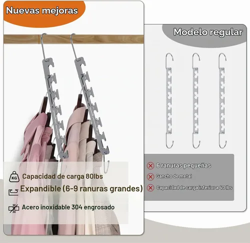 Vista 5 de Sindax Perchas telescópicas que ahorran espacio, 6 agujeros, se ajustan a 9 agujeros, perchas de metal resistentes mejoradas, ahorro de espacio