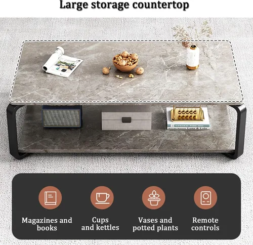 Vista 3 de YVYKFZD Mesa auxiliar de madera, mesa central de 2 niveles con patas de metal, mesa de té rectangular para sala de estar, mesa auxiliar de cóctel