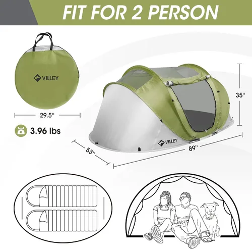 Vista 2 de VILLEY 2 Person Easy Pop Up Tent, Waterproof Automatic Setup Instant Lightweight Camping Beach Tent with Carrying Bag for Camping, Hiking &