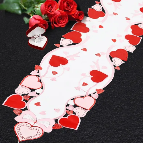 Vista 3 de Camino de mesa bordado de corazón, aniversario de boda, propuestas de matrimonio, eventos románticos o fiestas (13 x 69 pulgadas)