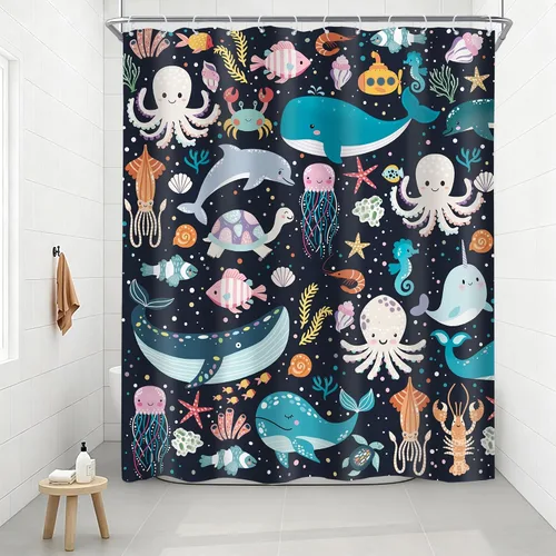 Vista 16 de Riyidecor Ocean - Cortina de ducha para niños, 60 pulgadas de ancho x 72 pulgadas de alto, diseño de ballena, dibujos animados, animales, delfín