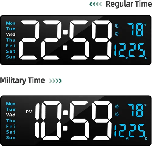 Vista 5 de LEIKE Reloj de pared digital grande de 16 pulgadas, control remoto, 2 alarmas, pantalla LED, DST automático, temperatura, reloj de luz nocturna