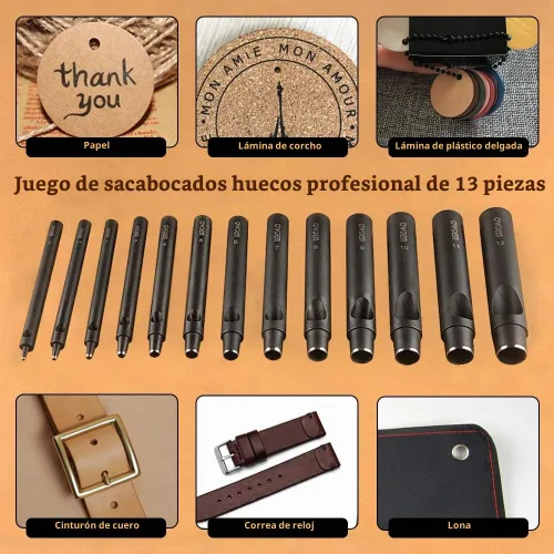 Vista 6 de OWDEN Juego profesional de 13 perforadores de cuero (estilo delgado) de 0.039-0.472 in para cinturón, correa de reloj y junta de correa. Con una