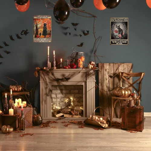 Vista 2 de PAIION Letrero de gato de bruja negra Once Upon A Time There was a girl who really Loved Cats Halloween vintage metal letreros de baño dormitorio