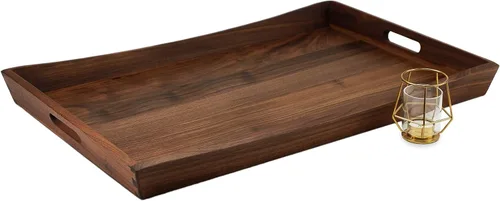 Vista 8 de Bandeja otomana rectangular curvada de madera de nogal negro de 22 x 14 pulgadas con asas, sirve té, café, bandeja decorativa de madera clásica