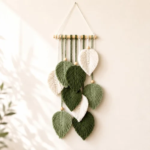 Vista 12 de Tapiz de hojas de macramé para decoración de pared, tapices tejidos bohemios, arte de pared de hojas de otoño, grandes borlas bohemias, adorno