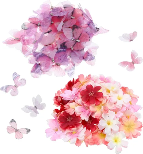 Vista 7 de Canlierr Juego de 100 mariposas de organza con cabeza floral sintética para manualidades, 50 cintas pequeñas 3D, 50 mini flores de imitación