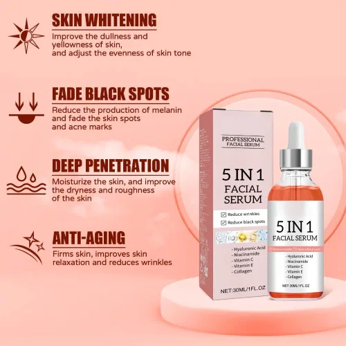 Vista 2 de Suero facial 5 en 1 con ácido hialurónico, niacinamida y vitamina C, suero antienvejecimiento para manchas oscuras, arrugas y acné, esencia de piel