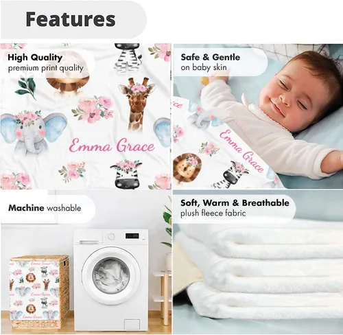 Vista 5 de Kingdora Manta de bebé personalizada con animales – Zoológico, selva, bosque y temática floral – Personalizada, Niñas