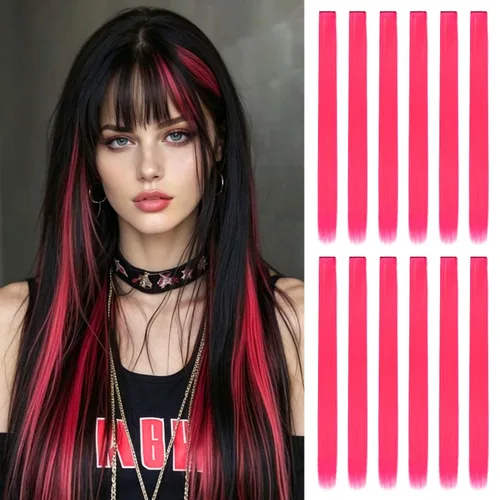 Vista 22 de 20 extensiones de cabello con clip de colores para niñas, extensiones de cabello arcoíris multicolor de 20 pulgadas, reflejos instantáneos, piezas