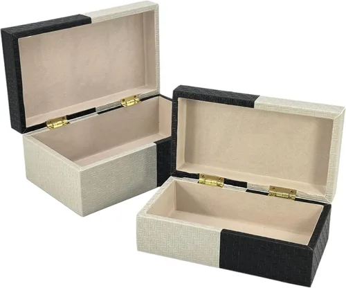 Vista 5 de Galt International Cajas de almacenamiento decorativas de cuero vegano, caja grande y pequeña con tapa con bisagras, diseño de cuero a cuadros negro