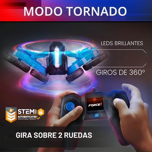Vista 2 de Force1 Tornado Blue - Auto de control remoto con LED para niños - Conducción de doble cara, autos RC rápidos con giros de 360°, auto RC todoterreno