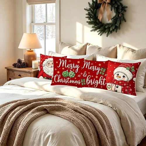 Vista 6 de Juego de 4 fundas de almohada rojas de 18 x 18 pulgadas, diseño de Papá Noel, muñeco de nieve, Feliz Navidad, para sofá, decoración de vacaciones