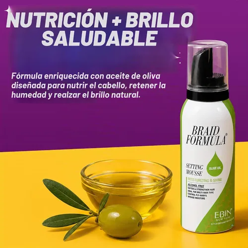 Vista 5 de EBIN NEW YORK Braid Formula Setting Mousse Aceite de oliva – Espuma de trenza ligera para trenzas, giros y mechones, para hombres y mujeres
