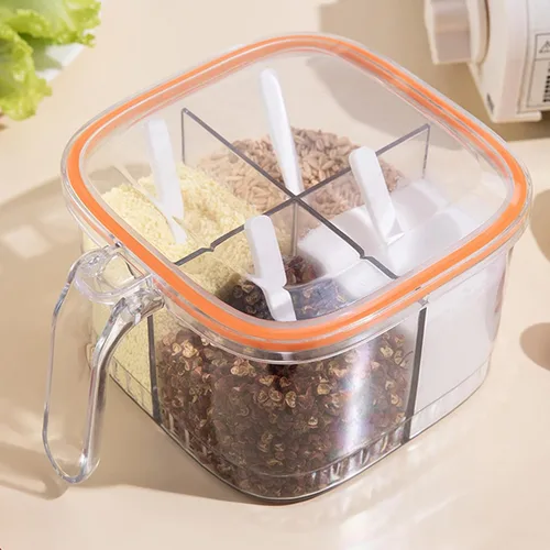 Vista 10 de TOPINCN Caja de condimentos con 4 compartimentos con tapa y 4 cucharas de servir, recipiente transparente para condimentos, contenedor de cocina