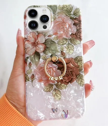 Vista 8 de Qokey Funda compatible con iPhone 14 Pro Max de 6.7 pulgadas, versión 2022, bonito diseño de flores transparentes con soporte de anillo giratorio