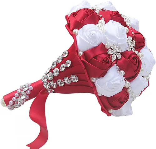 Vista 4 de XINNI Ramo de boda negro para novia, dama de honor, satén con diamantes de imitación y perlas para boda, fiesta de quinceañera, negro y marfil