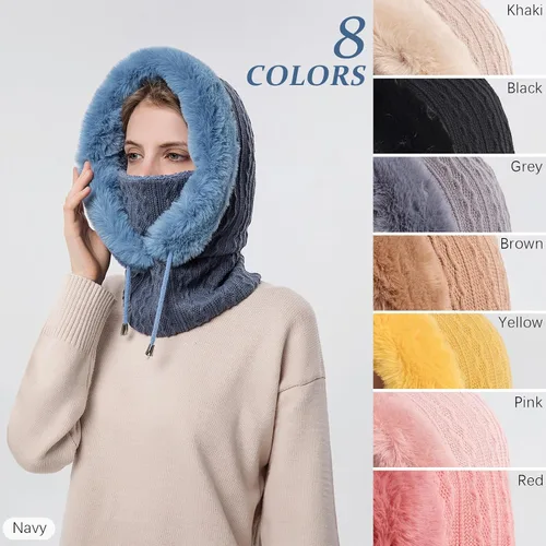 Vista 4 de Sombreros de invierno para mujer, de una pieza, con capucha, de piel sintética, cálida, pasamontañas, gorro de punto