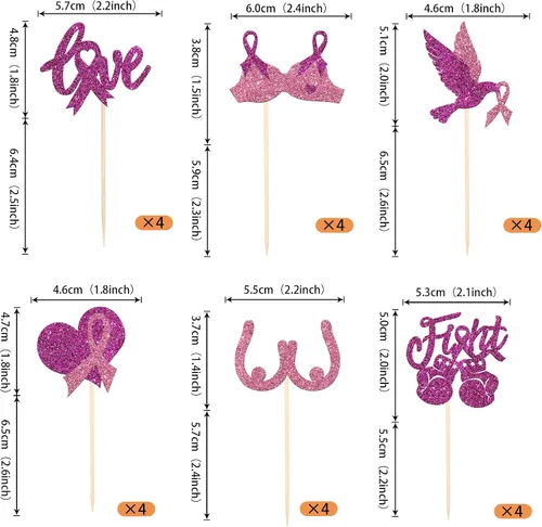 Vista 2 de Rsstarxi Paquete de 24 adornos para cupcakes con purpurina para concientización sobre el cáncer de mama, cinta rosa con purpurina para lucha contra