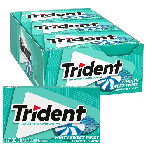 Vista 12 de 12 paquetes de 14 unidades cada uno; es decir, en total son 168 unidades de goma de mascar Trident Bubblegum sin azúcar sabor chicle. Accesorios