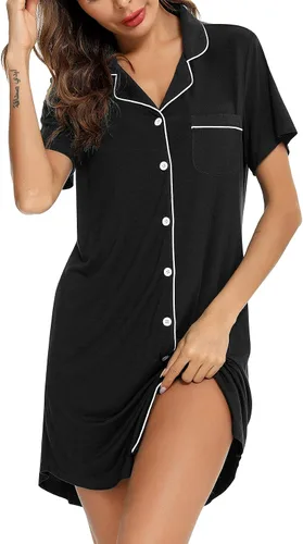 Vista 168 de Samring Camisón de pijama para mujer, manga corta/larga, con botones, camisón para dormir, camisón para novio, talla XXL