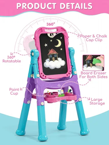 Vista 5 de Lehoo Castle Caballete para niños, caballete de arte para niños 4 en 1 de doble cara con pizarra blanca magnética y pizarra de tiza, caballete