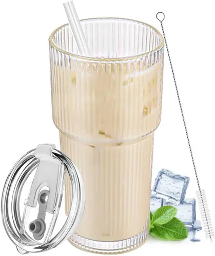 Vista 8 de Vaso de vidrio de 20 onzas con tapa y pajilla, taza para café helado acanalado transparente, vaso de vidrio de borosilicato, cristalería vintage
